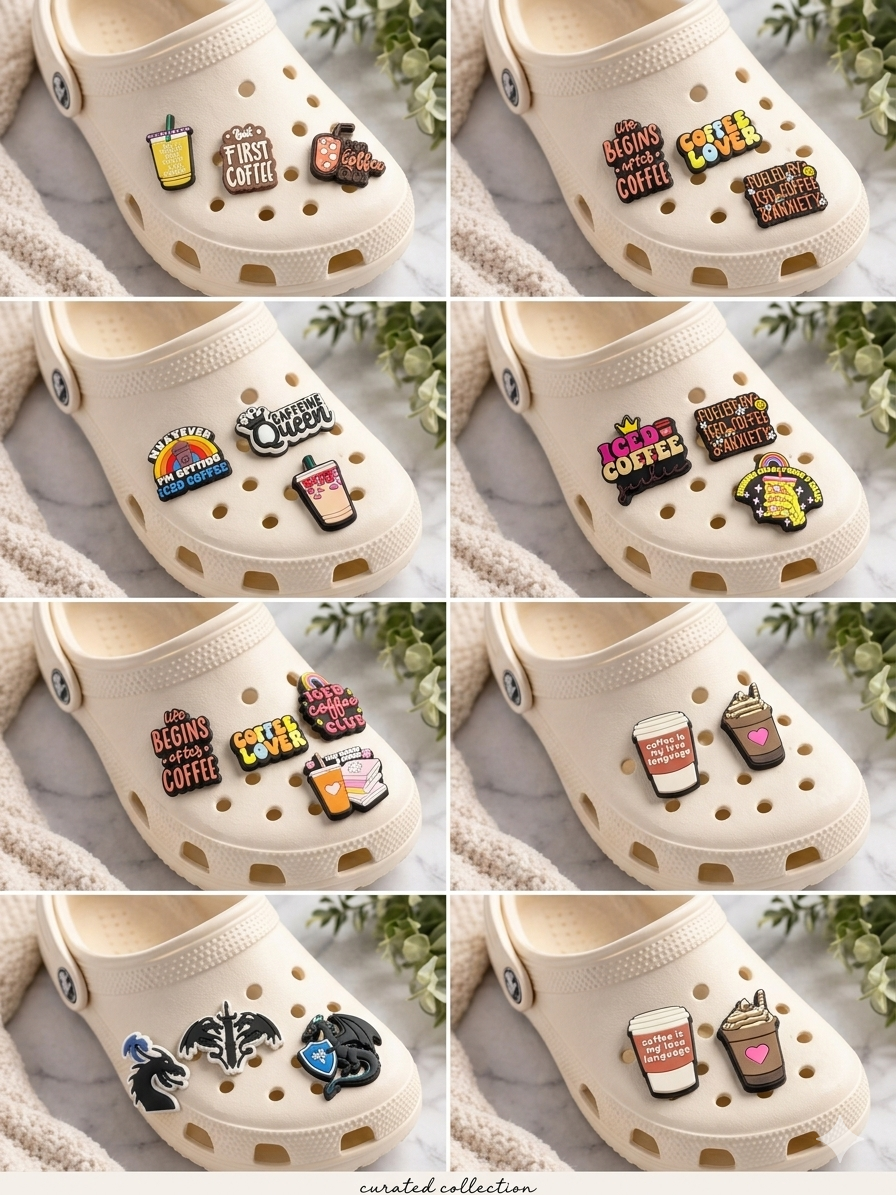 Bookish Shoe Charms for Clogs | Coffee Lover & Bookworm Gift | Cute PVC Rubber Shoe Pins for Readers, Librarian, Book Club | Iced Coffee & Books Aesthetic Clog Accessories