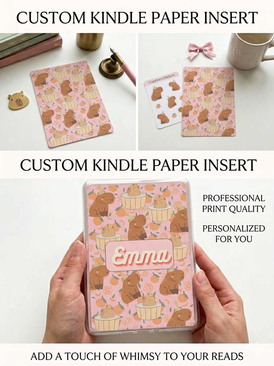 Personalized Kindle Insert | Cozy Capybara Citrus | Custom Insert | Satin or Holographic Finish | Bookish Gift for Readers