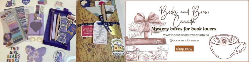 Collage of stationery items with a promotional banner for 'Books and Brew Canada' on the right.