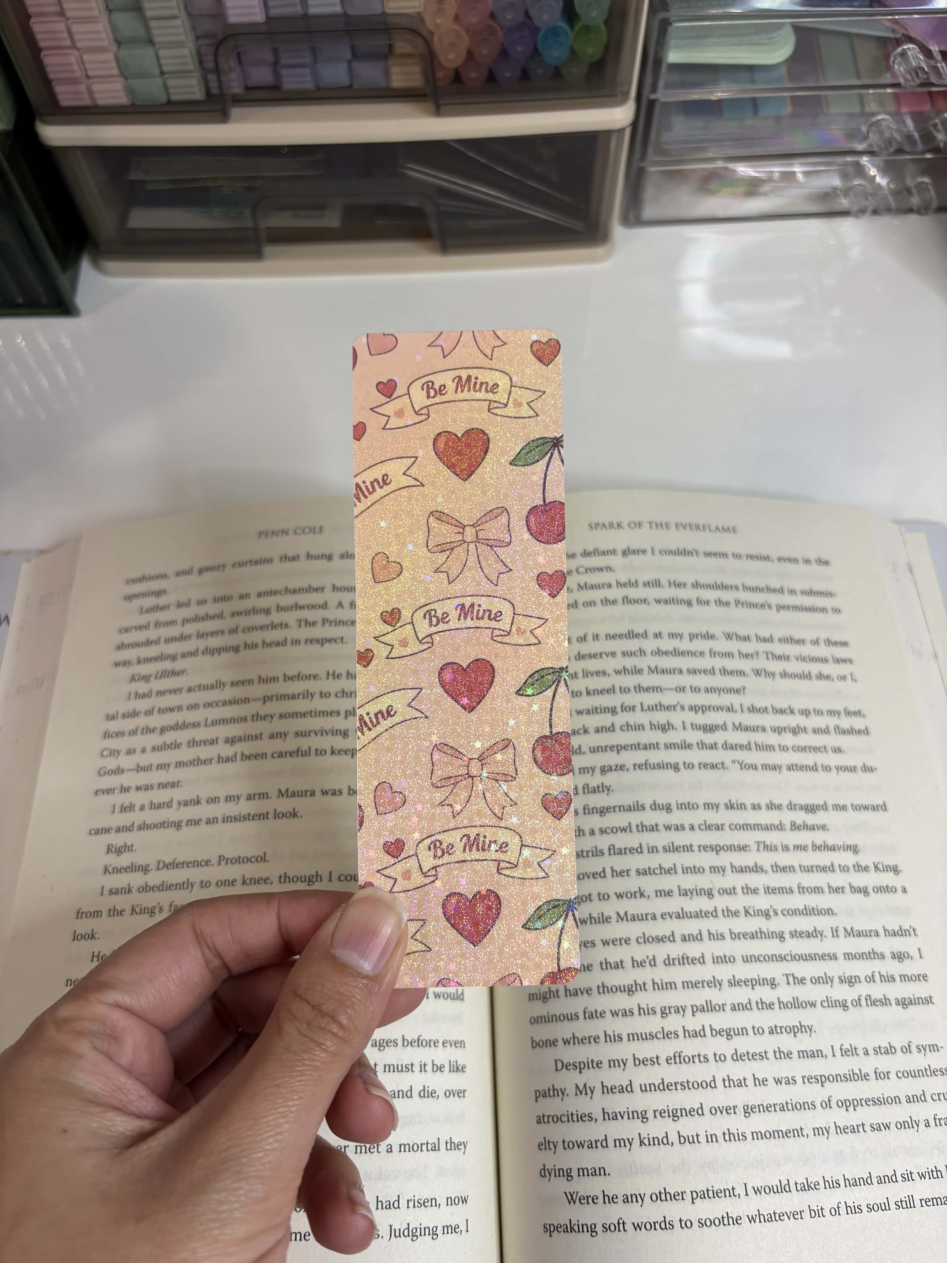 Holographic Bookmark | Be Mine, Hearts, Coquette Cherries & Bows Bookmark | Bookish Gift | Gift For Book Lover | Gift For Readers