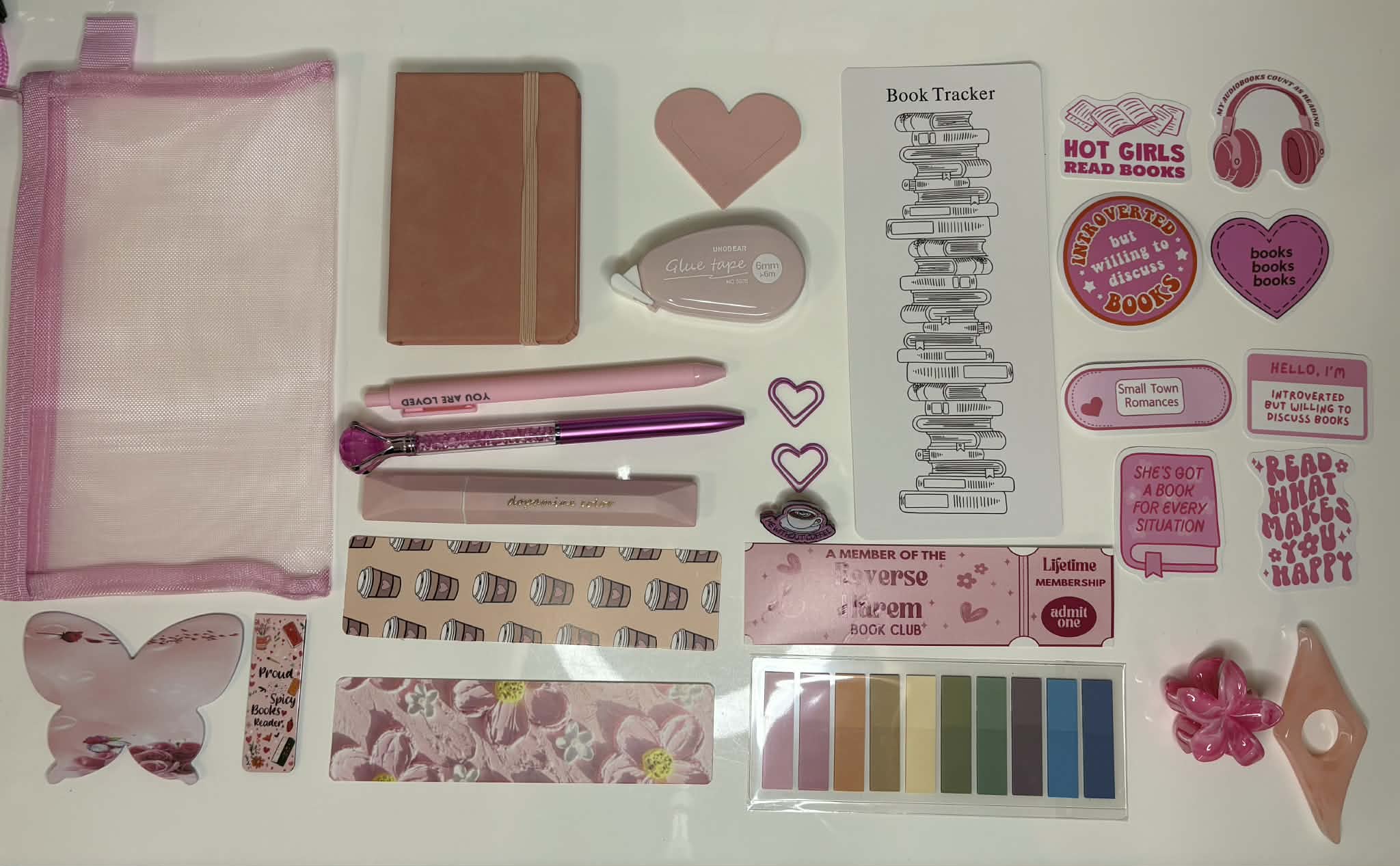 Pink Bookish bundle - Romantic stationary set - book lover gift