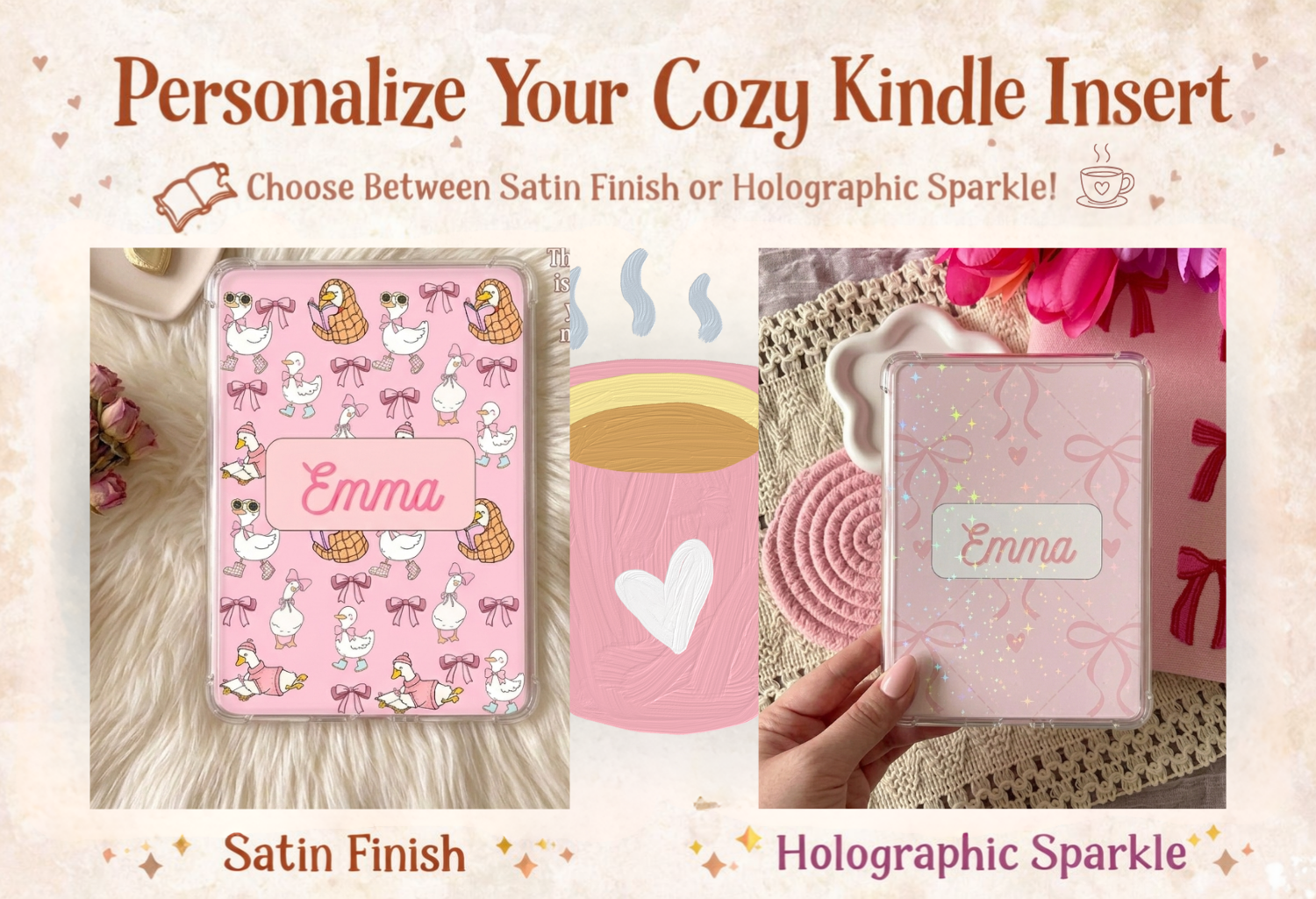 Personalized Kindle Insert | Coquette Silly Goose Pattern Kindle Case Insert | Satin or Holographic Finish | Bookish Gift for Readers