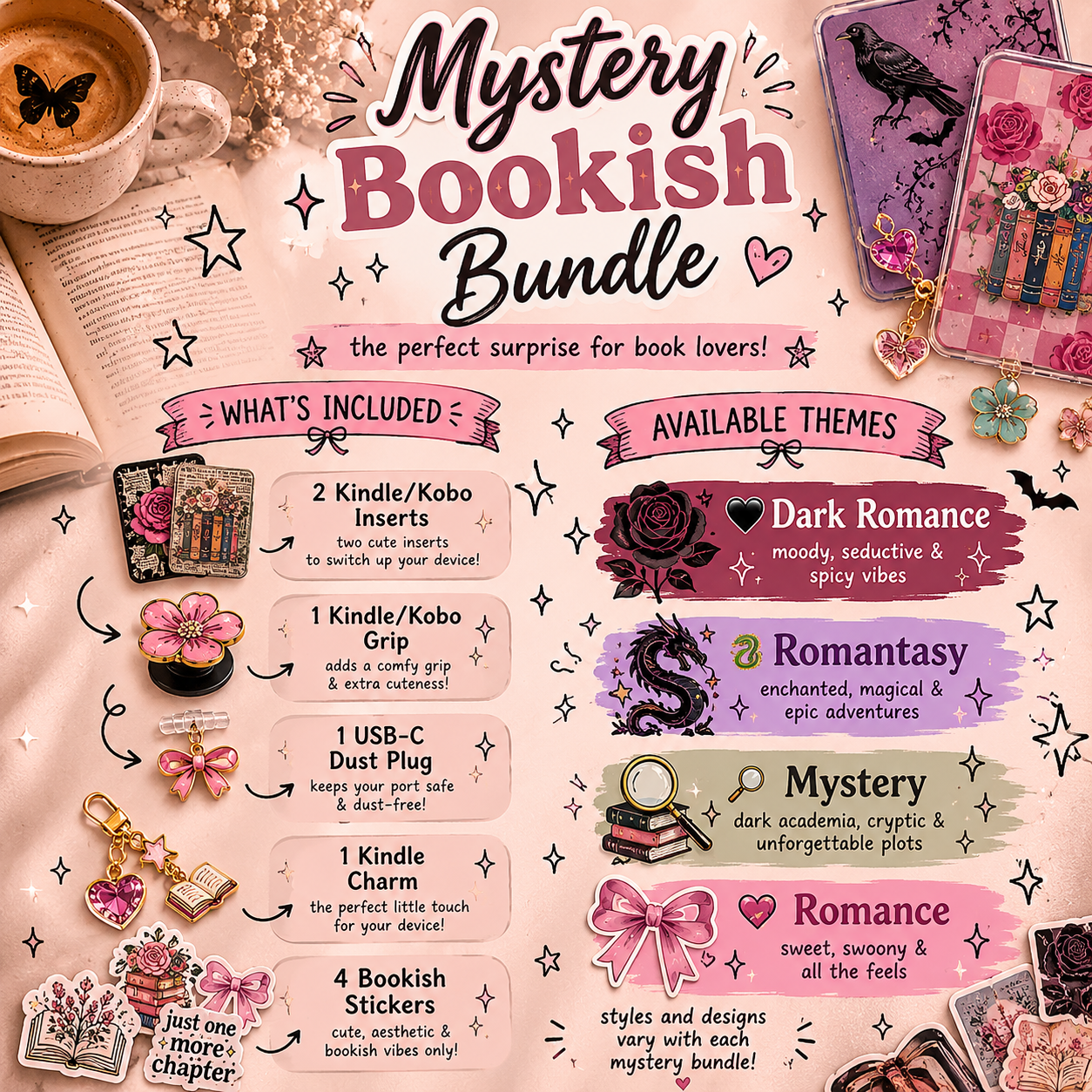 Mystery Bookish Kindle Bundle, Kobo Accessories Pack for Book Lovers, Kindle Decor, Book lover gift set