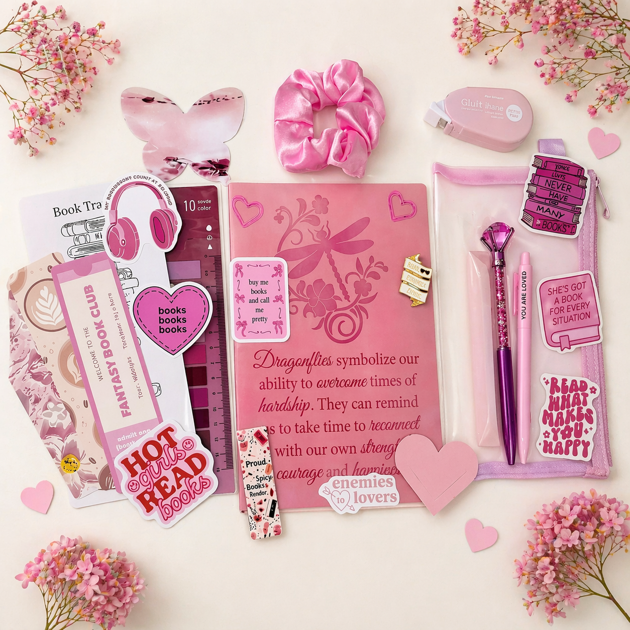 Pink Bookish bundle - Romantic stationary set - book lover gift