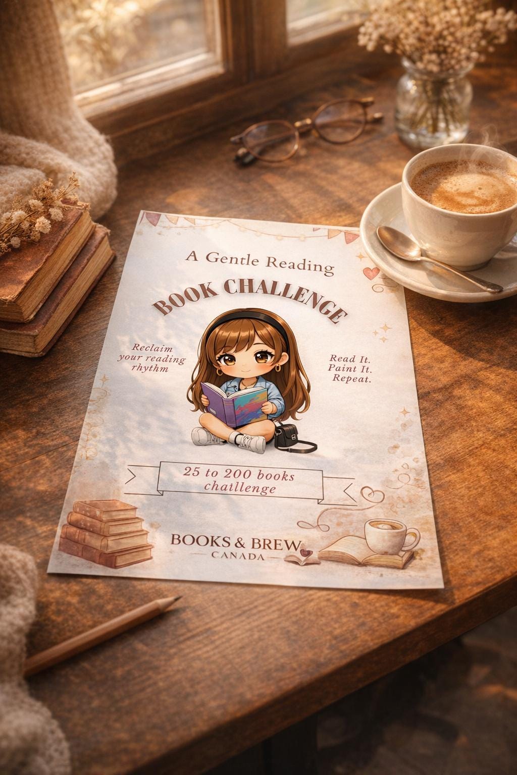 Gentle Reading Challenge – Cozy Book Tracker (A5/Half Letter PDF) - 25 to 200 Books - Books and Brew Canada