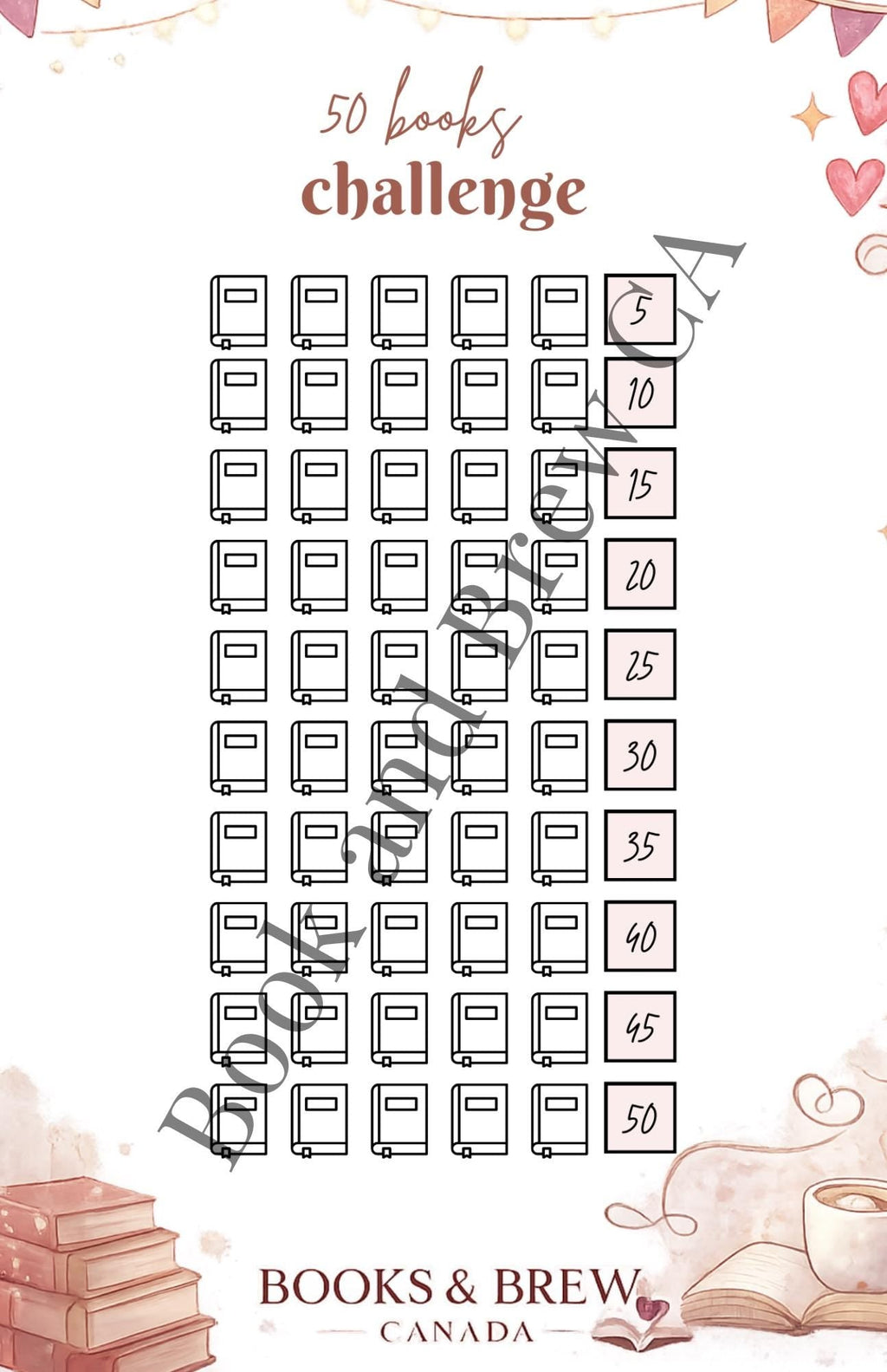 Gentle Reading Challenge – Cozy Book Tracker (A5/Half Letter PDF) - 25 to 200 Books - Books and Brew Canada