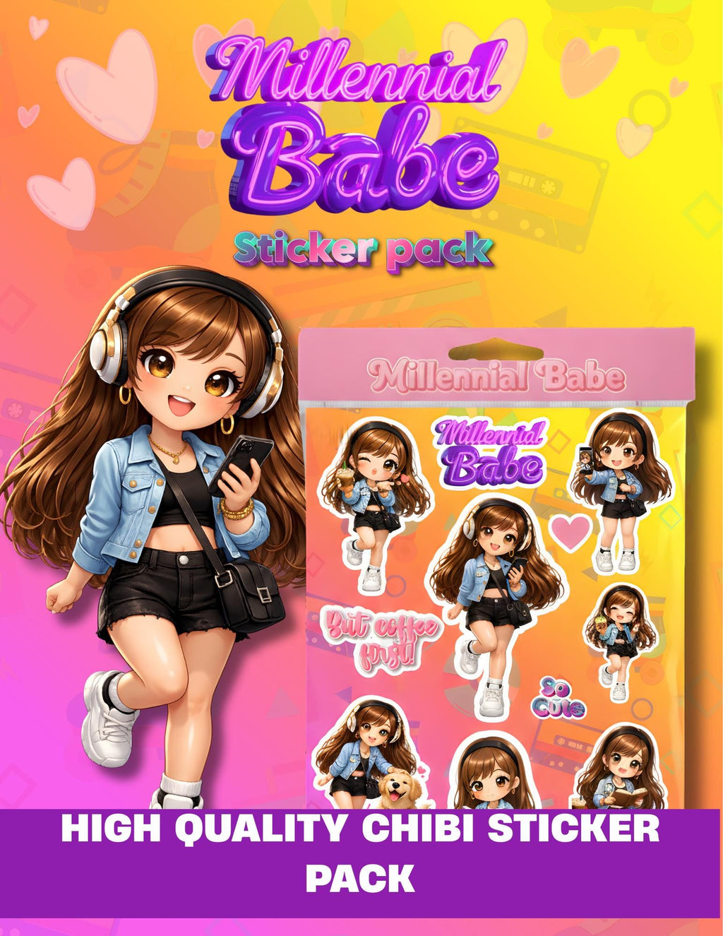 High Resolution Millennial Chibi Girl Stickers, Planner GoodNotes Decals (PNG, PDF Printable Sheet) - Books and Brew Canada