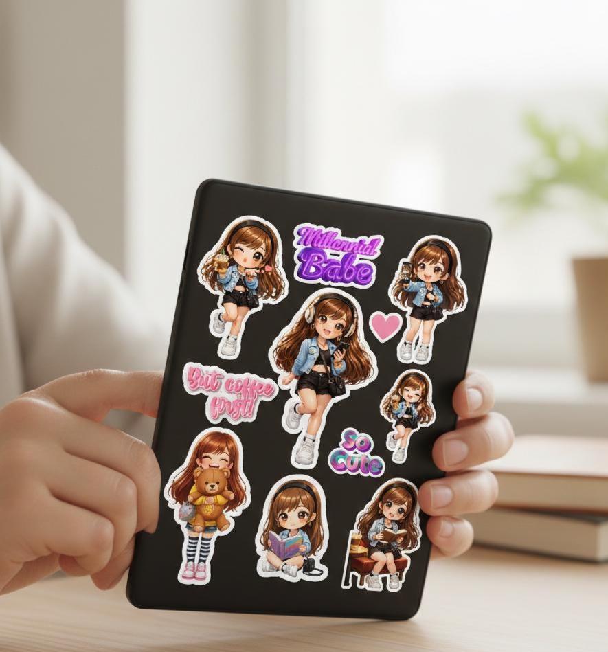 High Resolution Millennial Chibi Girl Stickers, Planner GoodNotes Decals (PNG, PDF Printable Sheet) - Books and Brew Canada