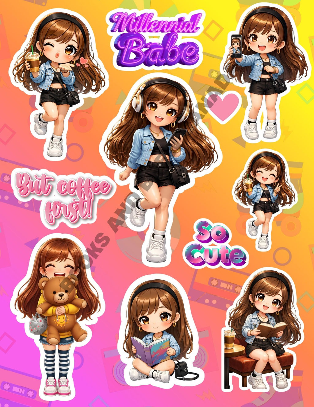 High Resolution Millennial Chibi Girl Stickers, Planner GoodNotes Decals (PNG, PDF Printable Sheet) - Books and Brew Canada