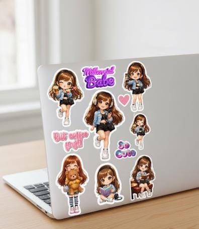 High Resolution Millennial Chibi Girl Stickers, Planner GoodNotes Decals (PNG, PDF Printable Sheet) - Books and Brew Canada